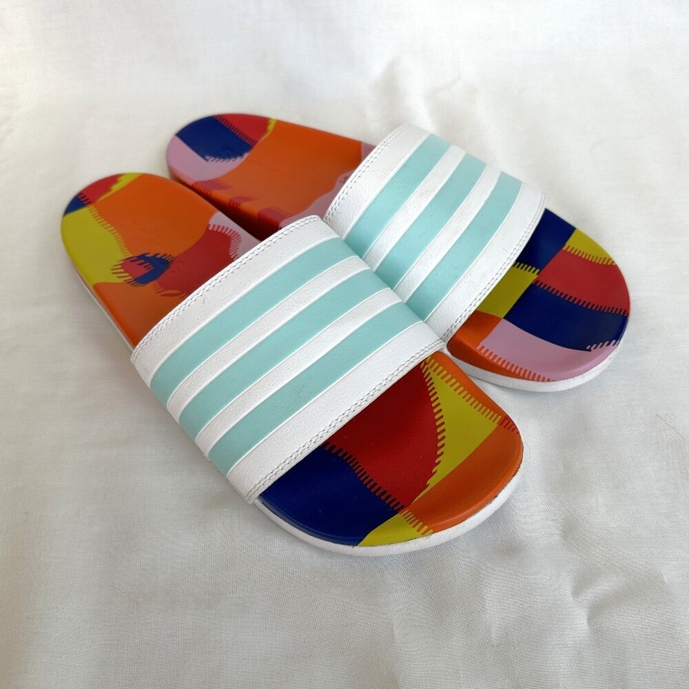 Adidas Adilette Comfort Slides in White / Aqua / Active Blue, Mens 9 - Picture 2 of 10